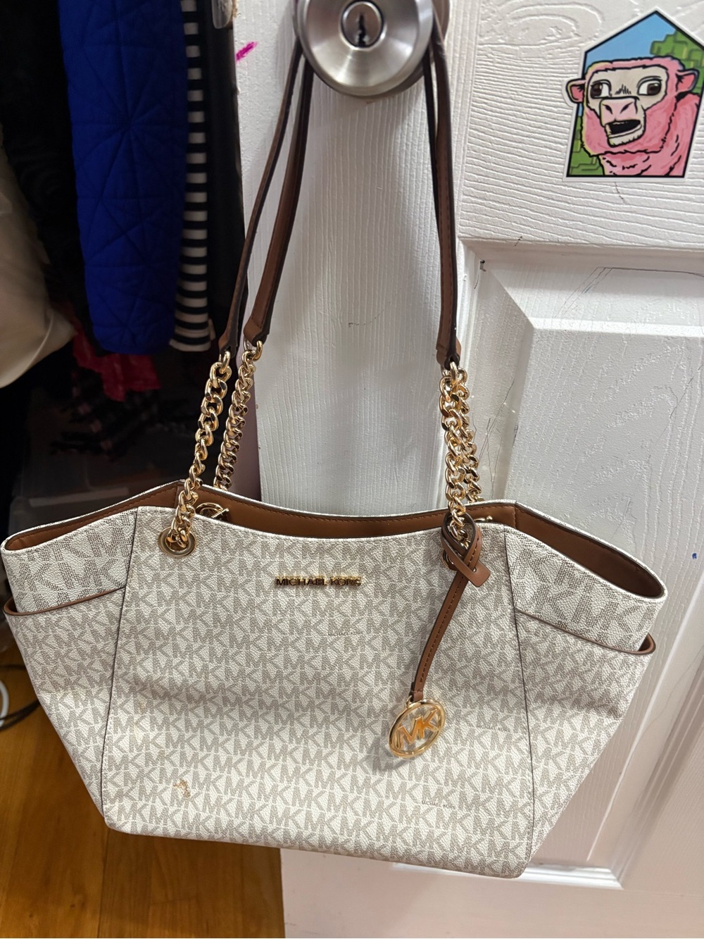 Michael Kors Cream Canvas Logo Tote with Brown Trim & Gold Hardware